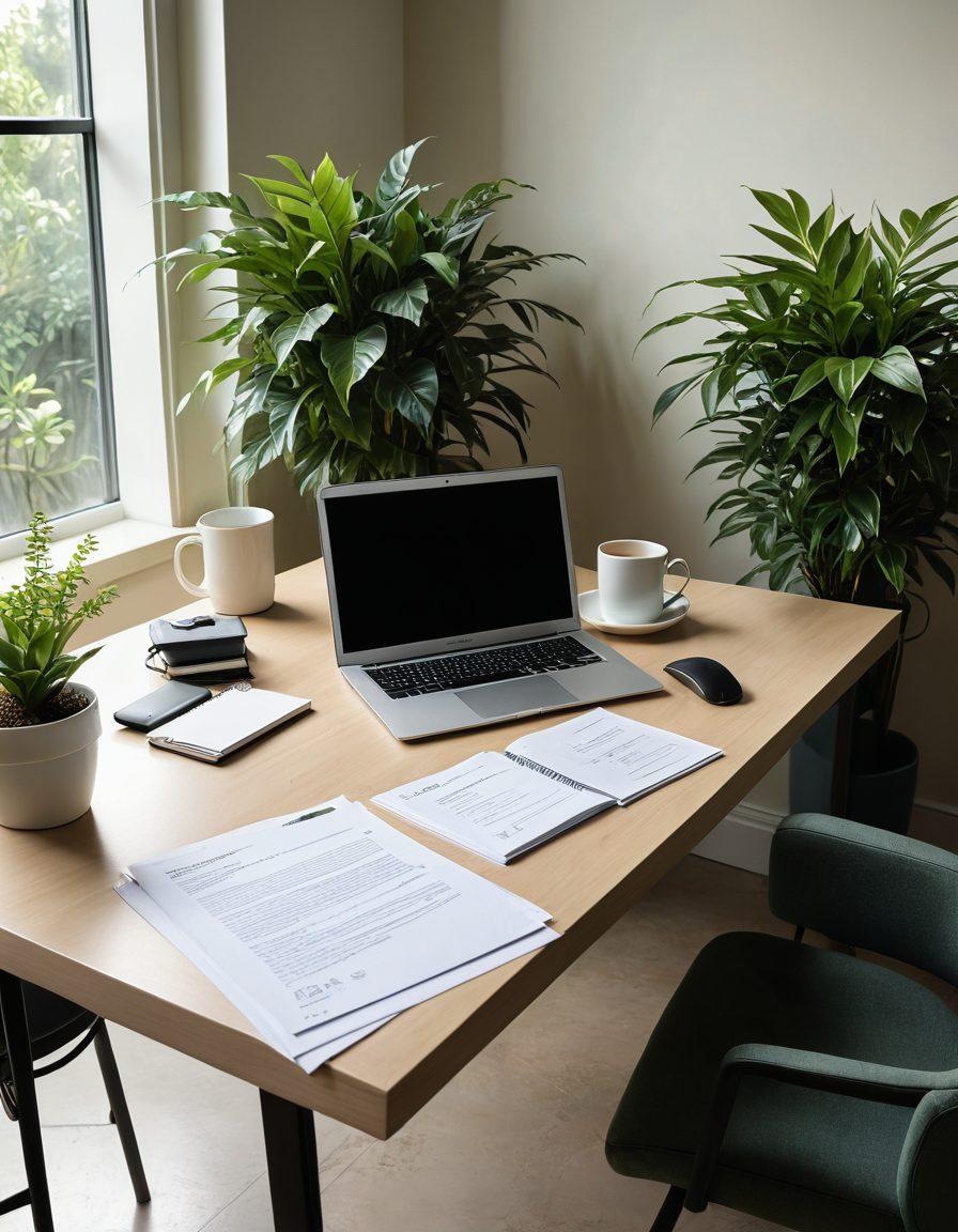 A serene office environment featuring a stylish, modern desk with an elegant laptop open to display a performance evaluation document. Incorporate a calm color palette with soft lighting that creates a tranquil atmosphere. Add elements like a cup of tea, a notepad, and a plant to symbolize growth and improvement. The background should depict a scenic window view, illustrating balance and clarity in the workspace. super-realistic. soft colors. bright background.