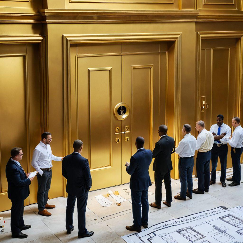 A luxurious key unlocking a golden door labeled 'SPARS' amidst a backdrop of construction blueprints and contractor profiles, symbolizing enhanced evaluations. In the foreground, diverse contractors discussing plans with enthusiasm, showcasing teamwork and innovation. Soft light illuminating the scene, creating an inviting and inspirational atmosphere. super-realistic. vibrant colors. 3D.